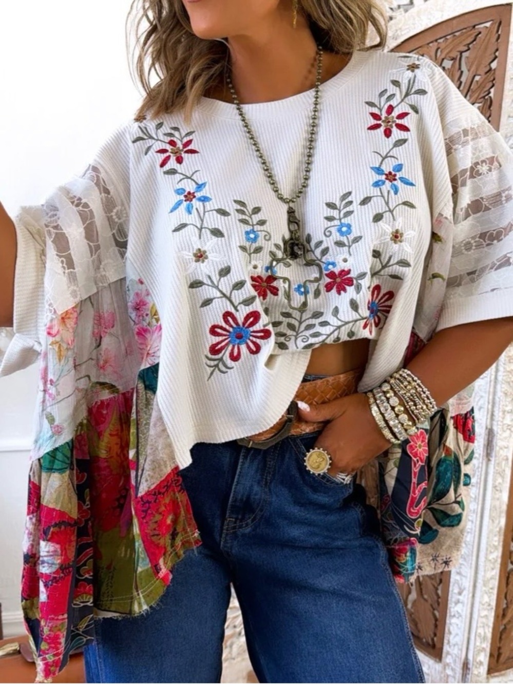 Embroidered White Floral Boho Top